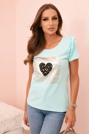 Moteriška medvilninė bluzonė su volanu ir širdimi iš džetų mėtų