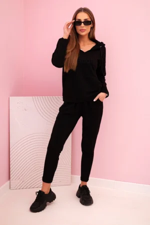 Moteriškas medvilninis džemperių komplektas su gobtuvu ir spauda juodas