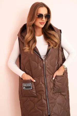 Moteriška pamušaluota liemenė Plus Size su kapišonu, užsegama užtrauktuku ruda