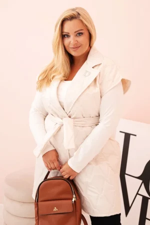 Moteriška Plus Size pamušaluota liemenė su diržu ir apykakle šviesiai smėlinė