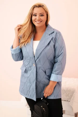 Moteriška Plus Size pūkinė striukė su apykakle ir mygtuku džinsinė mėlyna