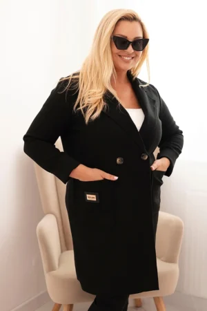 Moteriškas elegantiškas Plus Size paltas su apykakle ir didelėmis kišenėmis juodas