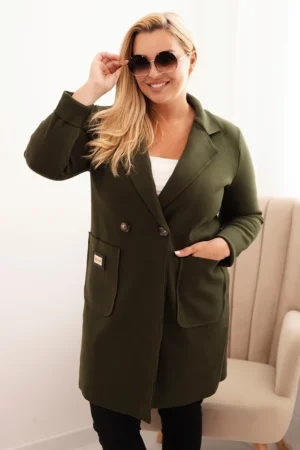 Moteriškas elegantiškas Plus Size paltas su apykakle ir didelėmis kišenėmis khaki