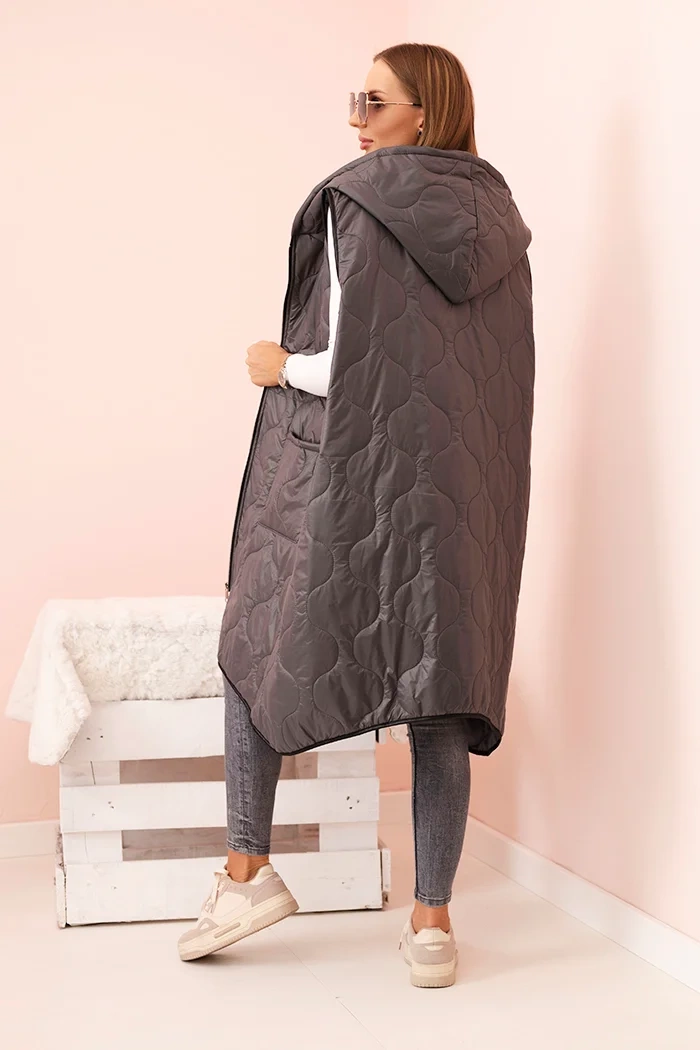 Moteriška pamušalinė liemenė Plus Size su gobtuvu, užsegama užtrauktuku grafito spalvos - Image 3