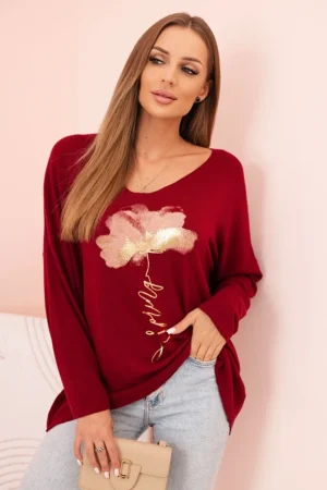 Moteriška viskozė bluzon su ilgomis rankovėmis ir auksiniu gėlių raštu bordo