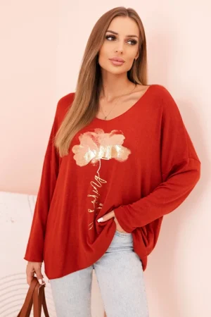 Moteriška viskozės palaidinė su ilgomis rankovėmis ir auksiniu gėlių raštu ruda