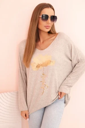 Moteriška viskozinė bluzonė su ilgomis rankovėmis ir auksiniu gėlių raštu bežinis melanžas