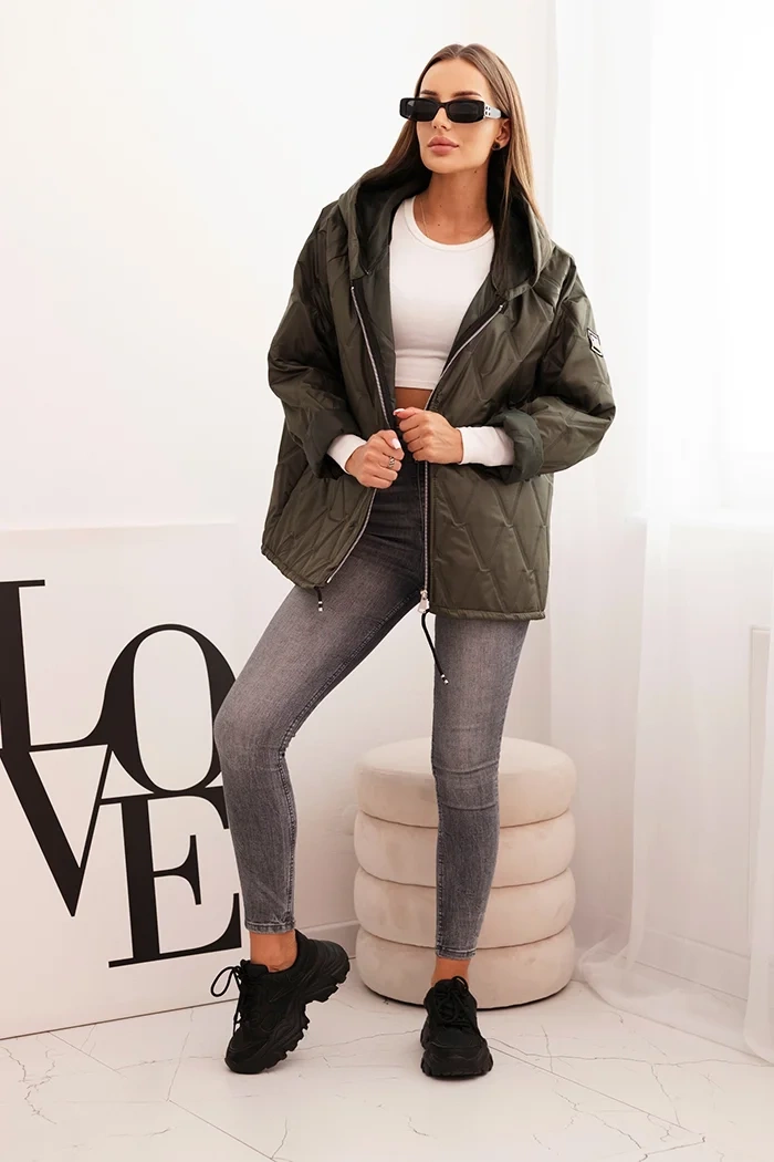 Moteriška pamušalu striukė su gobtuvu khaki - Image 2