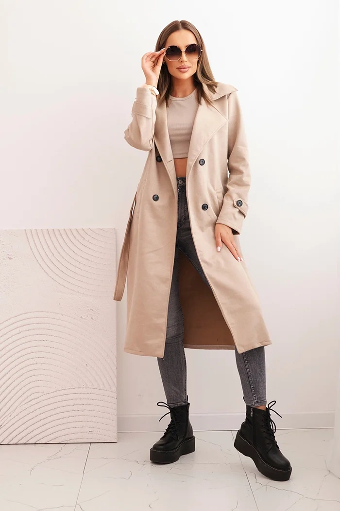 Moteriškas švarkas iš zomšos, susijuosęs ties liemeniu, su apykakle ir sagomis šviesiai rudas - Image 2