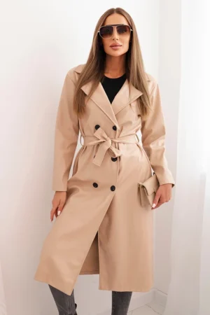 Moteriškas ekokožos trench paltas su diržu ir apykakle bežinis