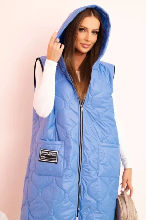 Moteriška pūsta liemenė su gobtuvu, užsegama džinsiniu užtrauktuku, mėlyna