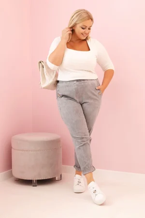 Moteriškos dekatuotos kelnes Plus Size su viskoze ir guma pilkos