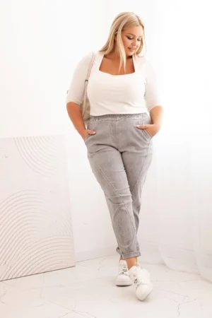 Moteriškos Plus Size džinsinės kelnės su viskoze ir plačia guma pilkos