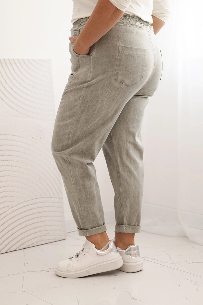 Moteriškos Plus Size kelnes, dekatizuotos su viskoze ir plačia guma šviesos khaki - Image 3