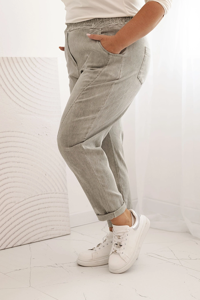 Moteriškos Plus Size kelnes, dekatizuotos su viskoze ir plačia guma šviesos khaki - Image 2