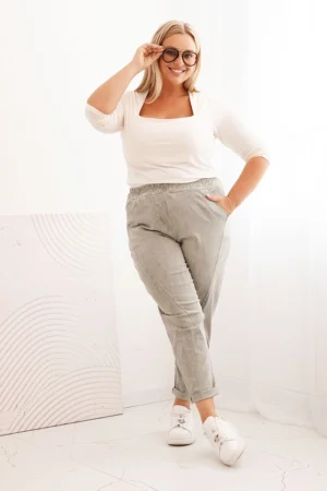 Moteriškos dekatuotos Plus Size kelnės su gumyte ir kišenėmis bežinės