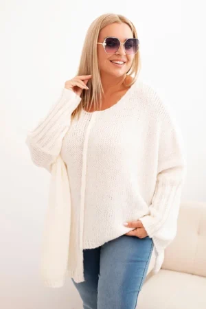 Moteriškas Plus Size megztinis su akrilo, laisvo kirpimo ir 3/4 ilgio rankovėmis ecru
