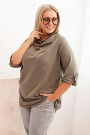 Moteriška Plus Size marškinėliai su medvilne laisvo kirpimo vandens iškirpte khaki