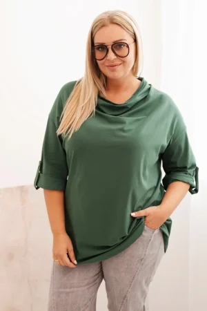 Moteriška bluzonė Plus Size su medvilne laisvo kirpimo su vandens iškirpte tamsiai žalia
