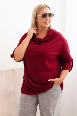 Moteriška Plus Size marškinėliai su medvilne laisvo kirpimo vandens iškirpte bordo