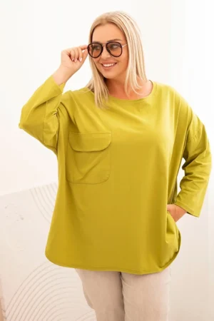 Moteriška Plus Size marškinėliai su medvilne, kišenė ir sukamu rankovėmis kiwi