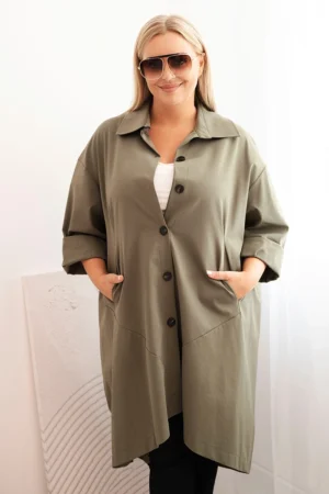 Moteriška Plus Size Punto striukė su medvilne ir mygtukais khaki