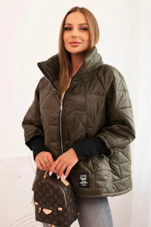 Moteriška trumpa pamušaluota striukė su apykakle khaki