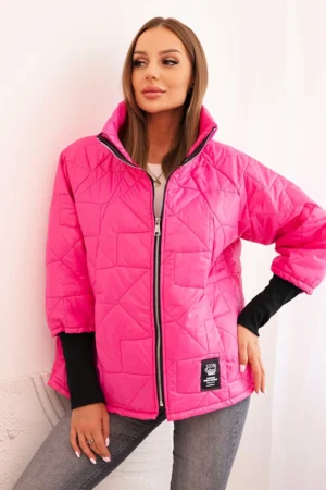 Moteriška trumpa pūsta striukė su apykakle rožinė