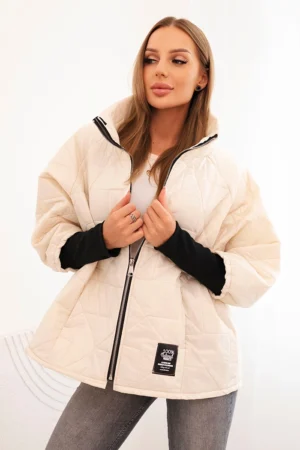 Moteriška trumpa pūsta striukė su apykakle šviesiai bežinė