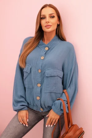 Moteriška džinsinė marškiniai su ilgomis rankovėmis mušelino mėlyna
