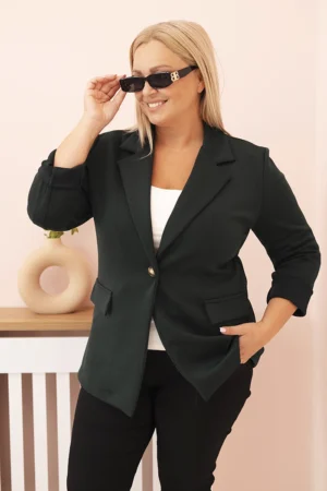 Moteriška viskozinė striukė Plus Size su ilgomis rankovėmis ir apykakle tamsiai žalia