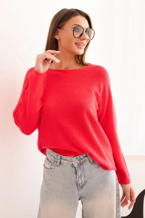 Moteriškas megztinis iš viskozės su ilgomis rankovėmis ir apvaliu iškirpimu avietinis