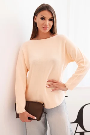 Moteriška viskozinė megztinis su ilgomis rankovėmis ir apvaliu iškirpimu persikų