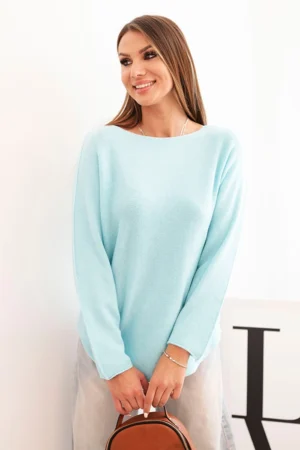 Moteriškas megztinis iš viskozės su ilgomis rankovėmis ir apvaliu iškirpimu mėtų