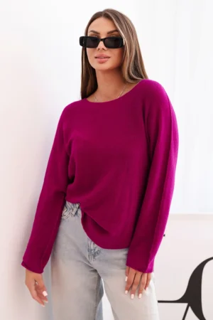 Moteriškas megztinis iš viskozės su ilgomis rankovėmis ir apvaliu iškirpimu tamsiai violetinis