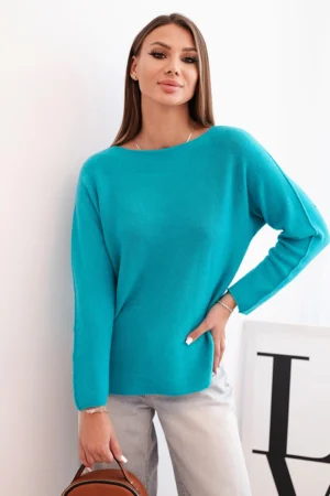 Moteriškas megztinis iš viskozės su ilgomis rankovėmis ir apvaliu iškirpimu šviesiai jūros spalvos
