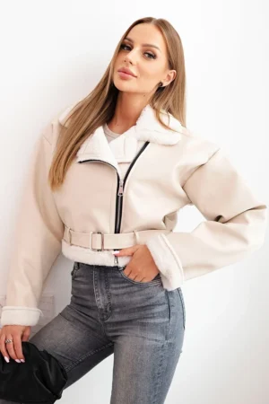 Moteriška pilotinė striukė iš ekoskinos, šilta su kailiu ir diržu bežinė