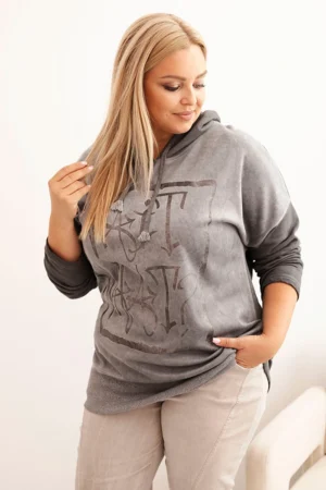 Moteriška Plus Size džinsinė palaidinė su gobtuvu ir spauda grafito spalvos