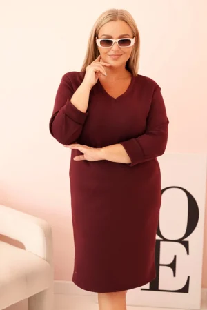 Moteriška suknelė Plus Size su V formos iškirpte ir rankovėmis, bordo spalva