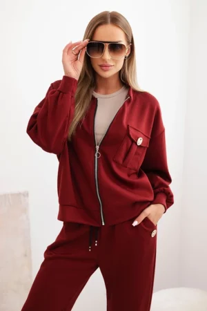 Moteriškas komplektas iš viskozės su atsegama palaidine ir kelnėmis bordo