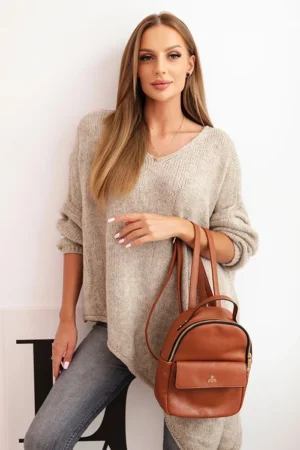 Moteriškas asimetrinis vilnonis megztinis Plus Size su V formos iškirpte tamsiai bežinis