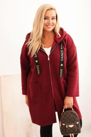 Moteriškas Plus Size paltas iš dirbtinio avikailio su gobtuvu ir kišenėmis bordo