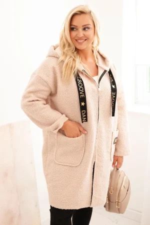 Moteriškas Plus Size paltas iš dirbtinio avikailio su kapišonu ir kišenėmis bežinis