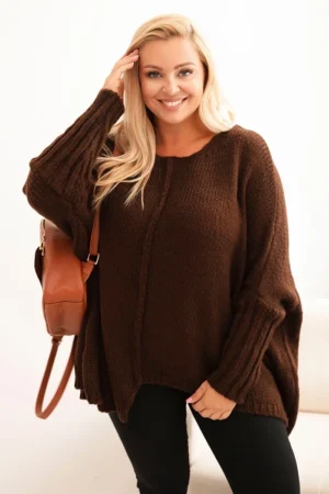 Moteriškas Plus Size megztinis su akrilu, laisvo kirpimo ir 3/4 rankovėmis rudas