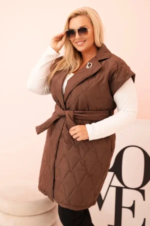 Moteriška Plus Size pamušaluota liemenė su diržu ir apykakle šokoladinė