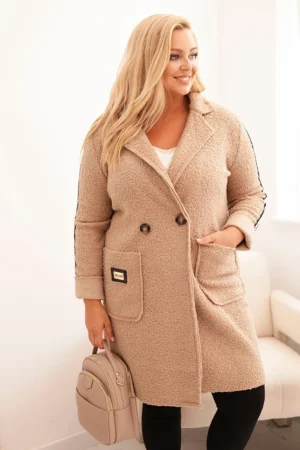 Moteriškas Plus Size paltas iš dirbtinio avikailio su kišenėmis tamsiai smėlinis
