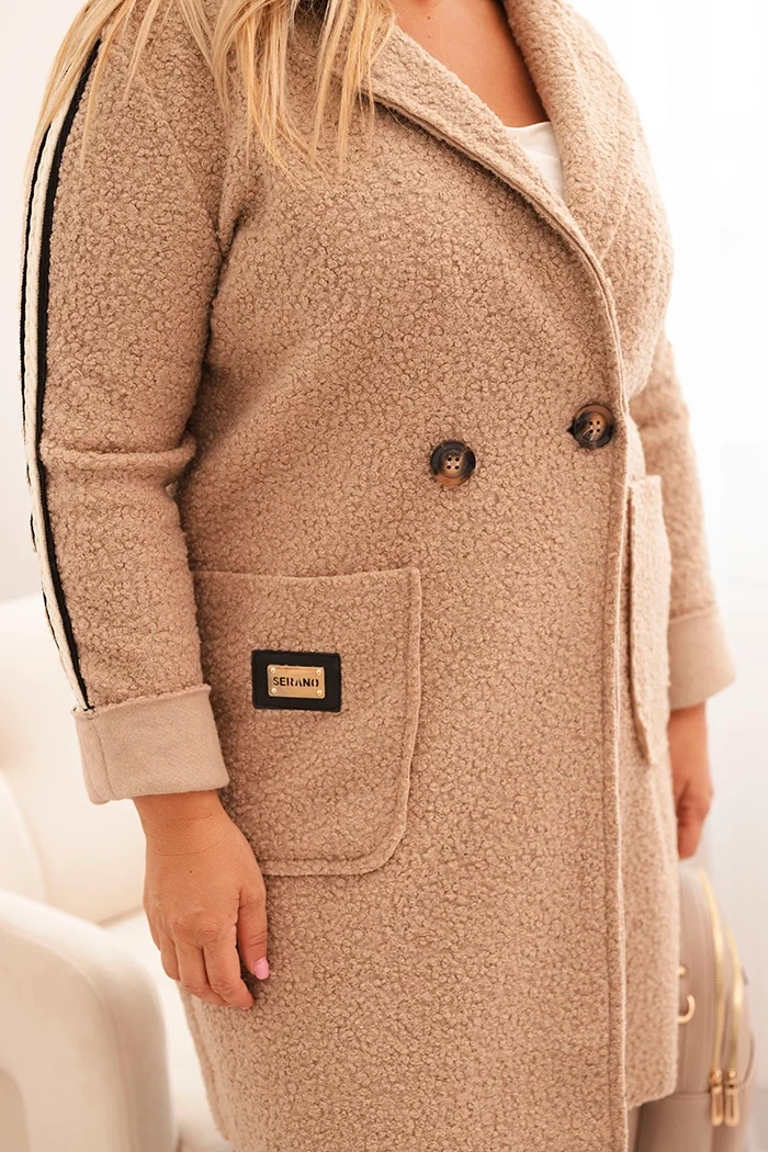 Moteriškas Plus Size paltas iš dirbtinio avikailio su kišenėmis tamsiai smėlinis - Image 2
