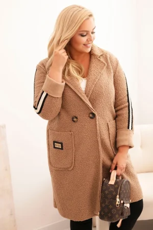 Moteriškas Plus Size paltas iš dirbtinio avikailio su kišenėmis, kamelinis