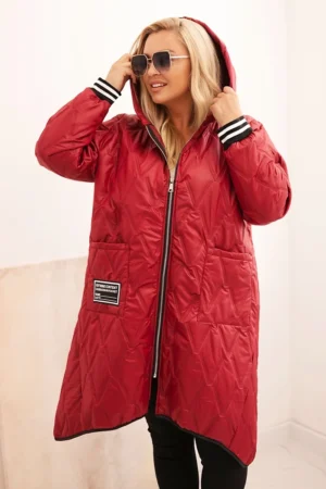 Moteriška plius dydžio pamušalinė striukė su kapišonu ir sportinėmis rankogaliais bordo