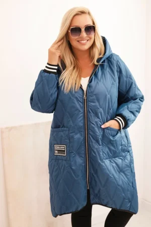 Plius dydžio moteriška pamušalu striukė su gobtuvu ir sportiniais rankogaliais džinsinė